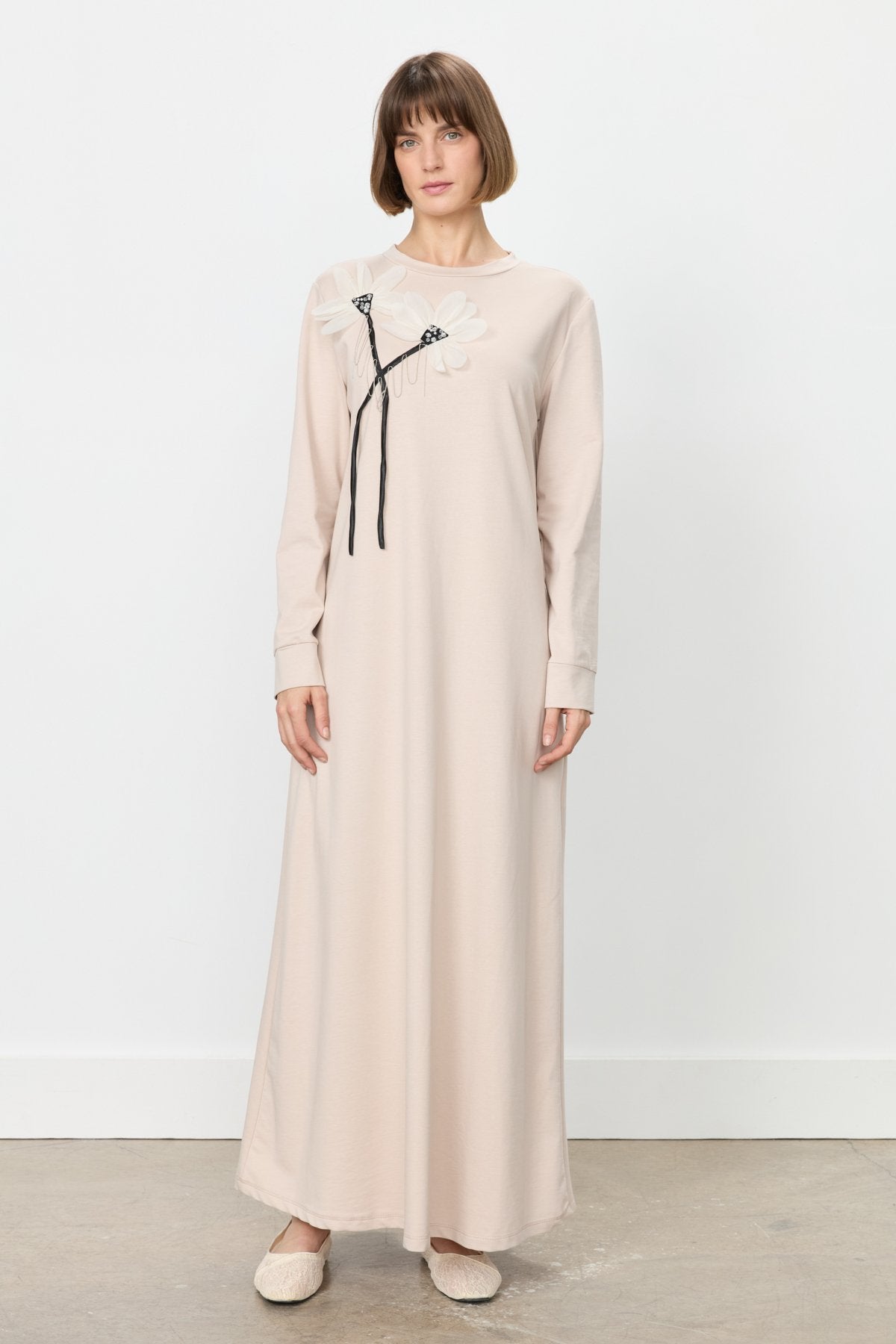 Chiffon Dress with Floral Details - Stone  NHAN