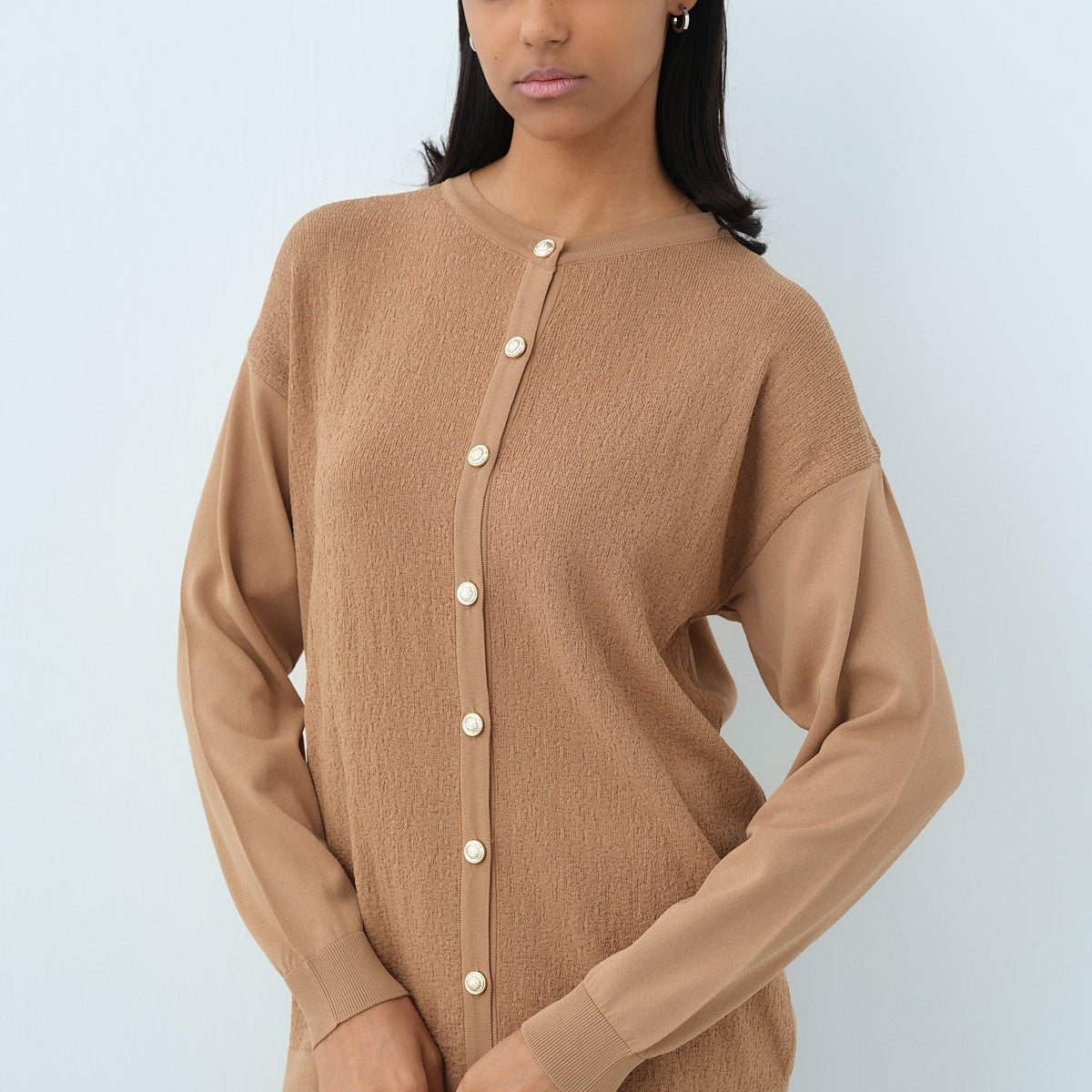 Ağaç Kabuğu Triko Blazer Hırka - Camel
