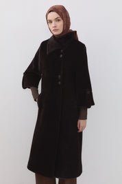 Angora Coat with Ribbed Sleeves - Brown