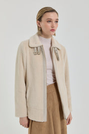 Angora Short Coat with Leather Details - Beige