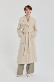 Belted Double-Breasted Angora Coat - Beige