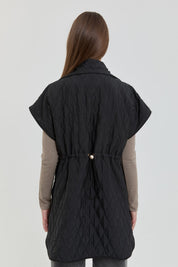 Thin Quilted Vest with Gathered Waist - Black