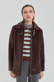 Angora Short Coat with Leather Details - Brown