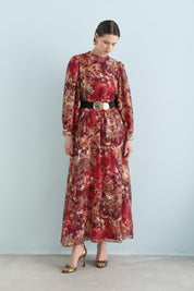 Jacquard Embroidered Dress with Belt Detail - Burgundy