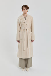 Belted Double-Breasted Angora Coat - Beige