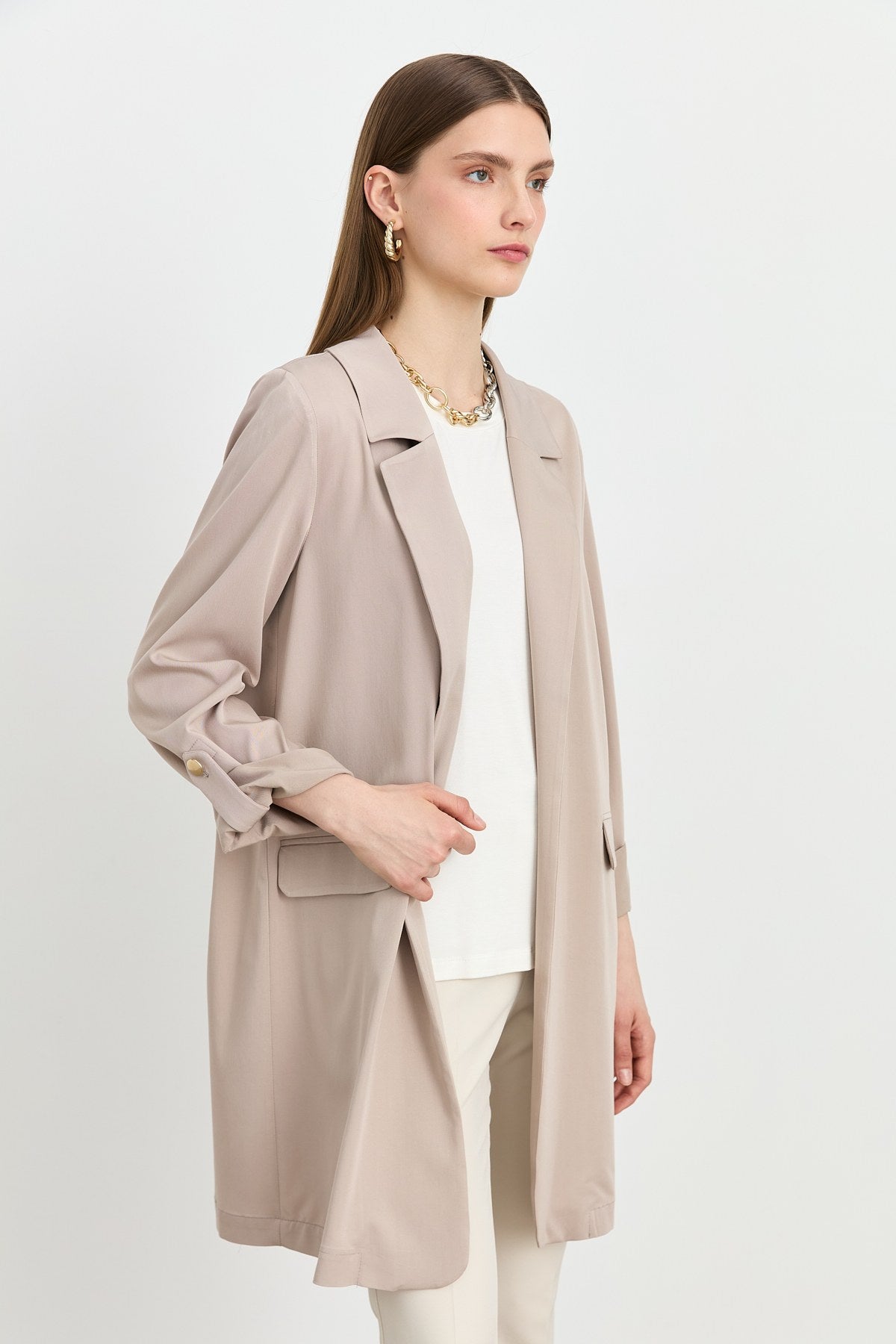Kolu Katlanılabilir Blazer Viskon Ceket - Taş