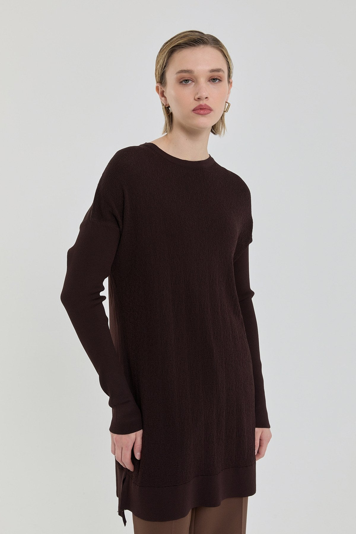 Ağaç Kabuğu Rayon Triko Tunik - Kahve