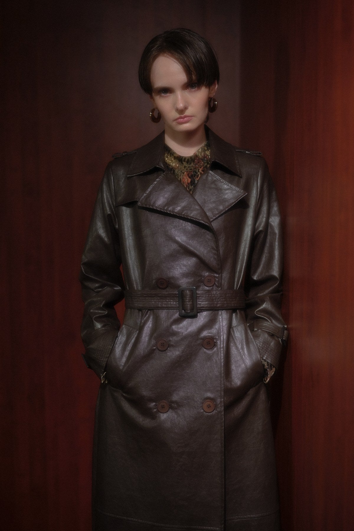 Double-Breasted Leather Trench Coat - Brown