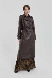 Double-Breasted Leather Trench Coat - Brown