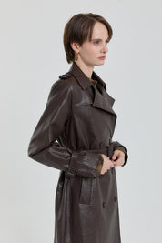 Double-Breasted Leather Trench Coat - Brown