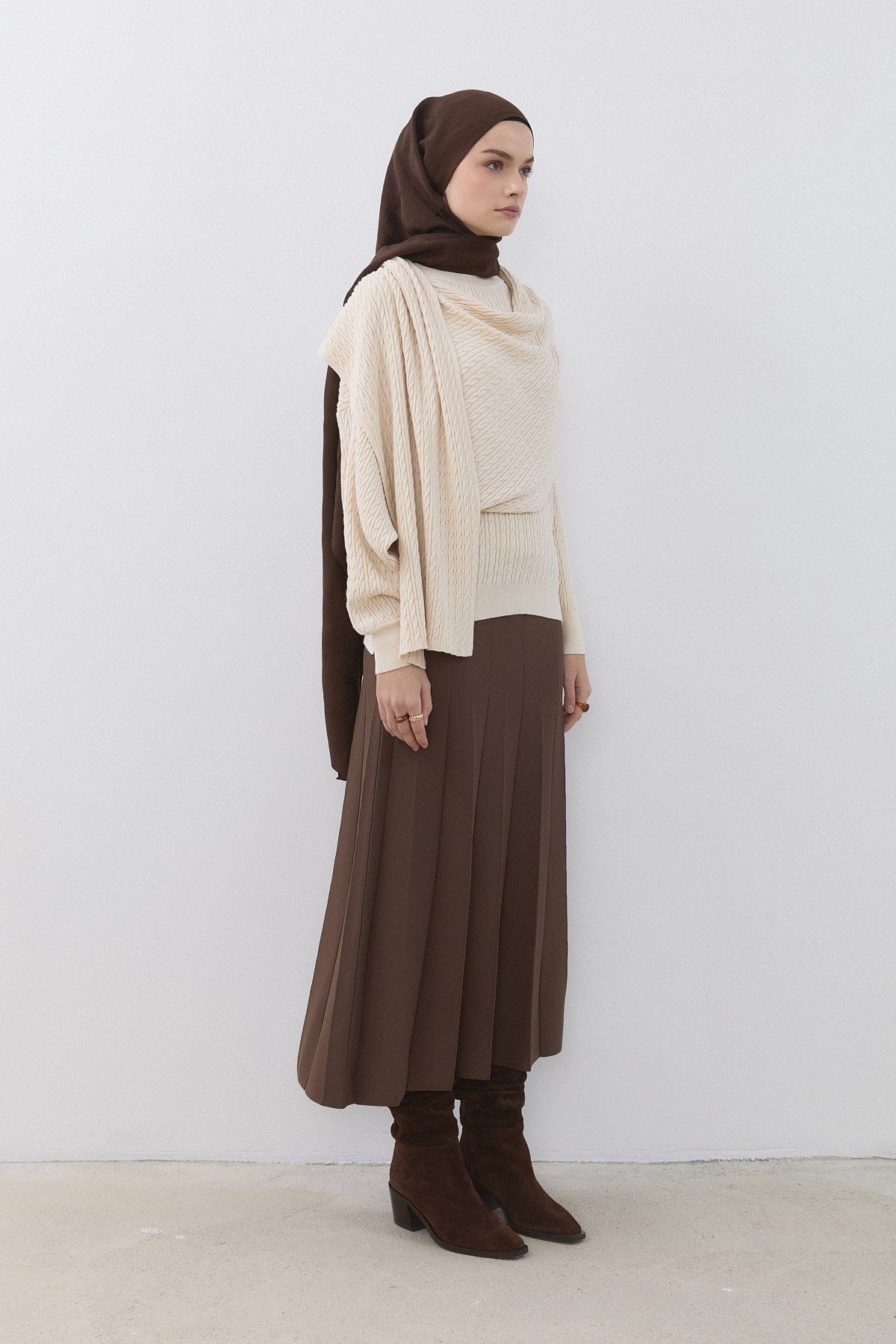 Hair Braid Patterned Shawl Detail Knitted Tunic - Vanilla