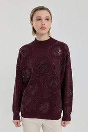 Embroidered Half Turtleneck Sweater - Plum