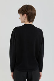 Short Knit Cardigan with Rhinestone Embellishments on the Shoulders - Black