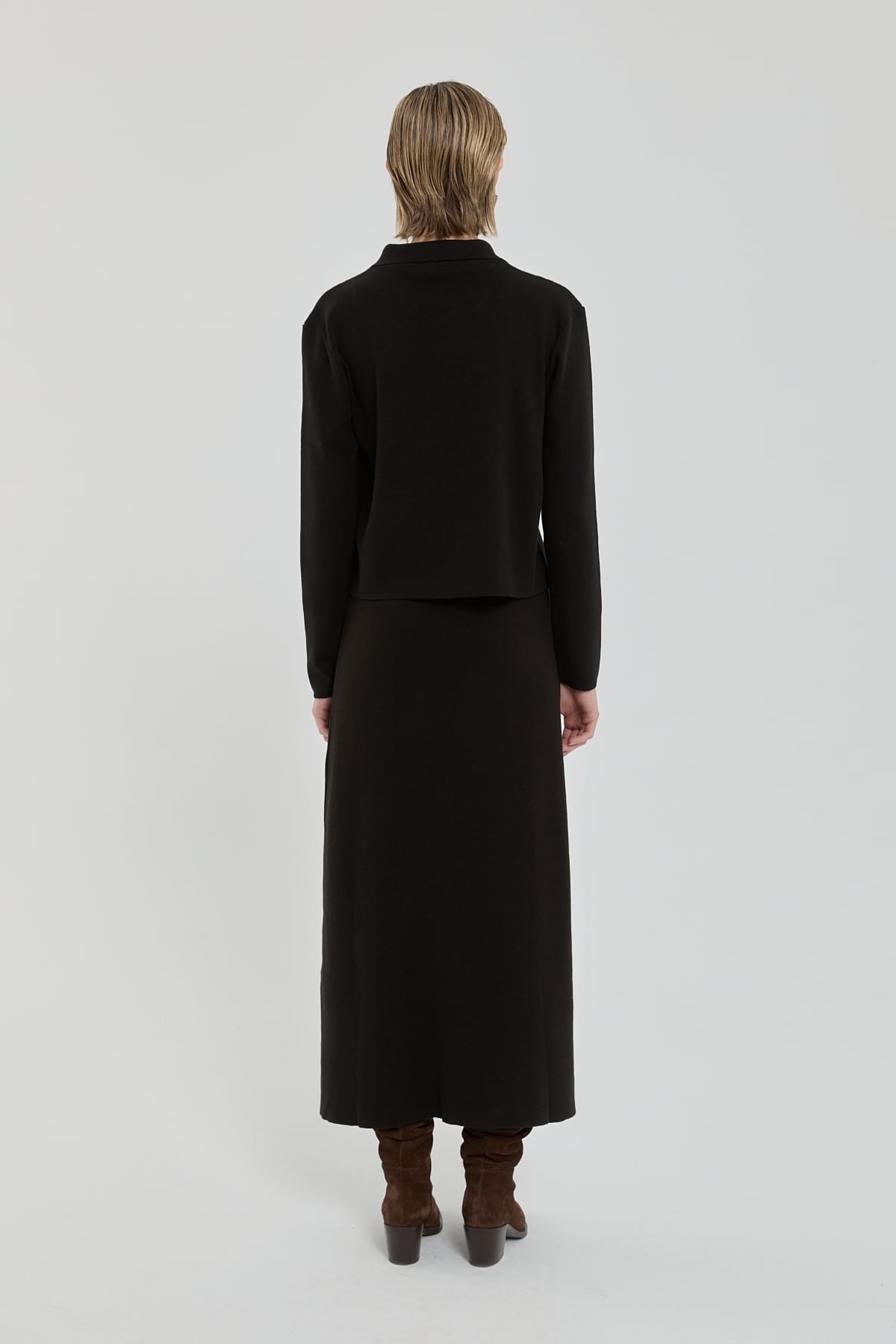 Button Detail Knit Skirt and Jacket Set - Black