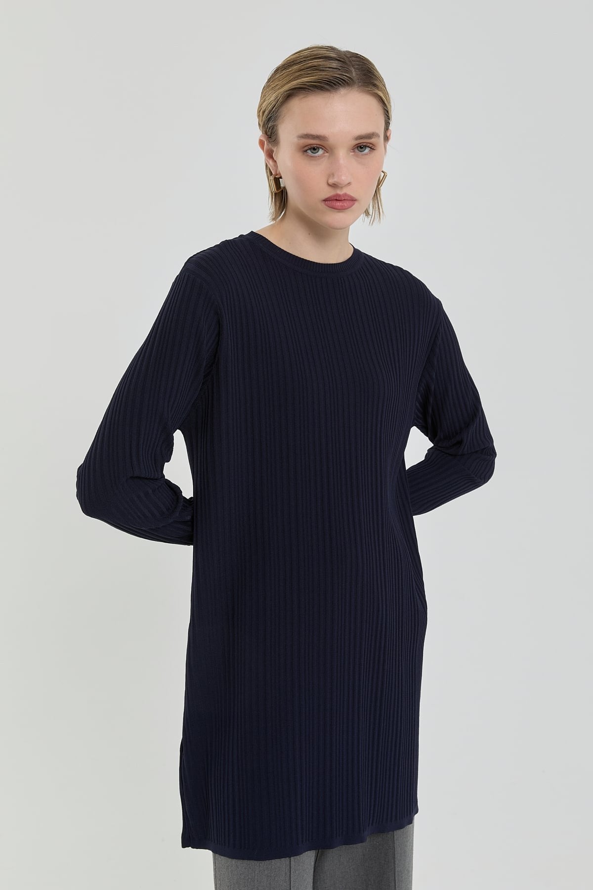 Ribbed Knit Tunic - Navy Blue