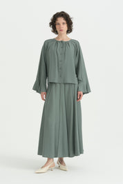 Ruffled Collar Linen Dress - Moss Green