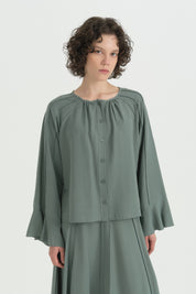 Ruffled Collar Linen Dress - Moss Green