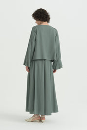 Ruffled Collar Linen Dress - Moss Green