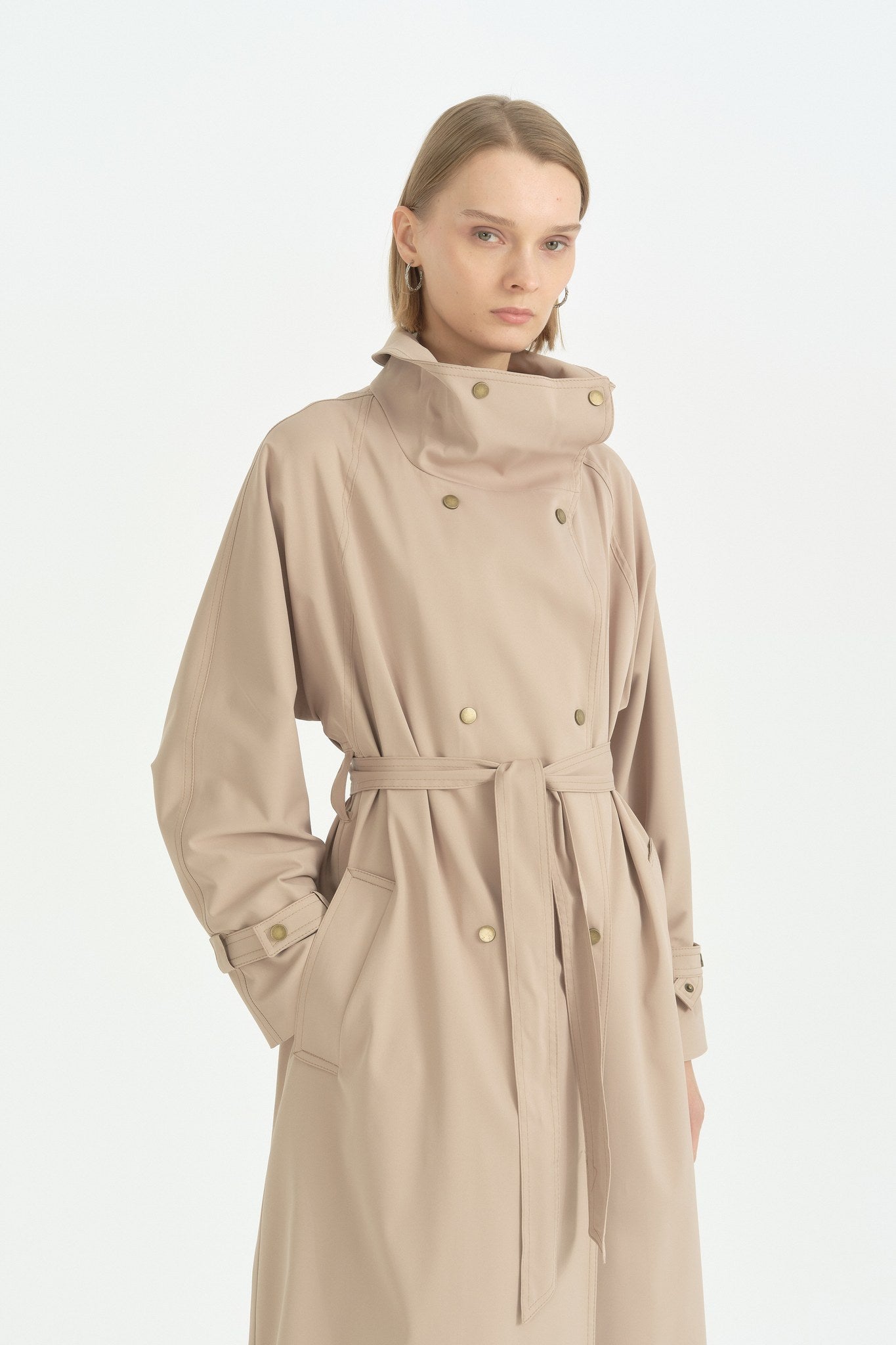 Dik Yaka Oversize Trençkot - Vizon