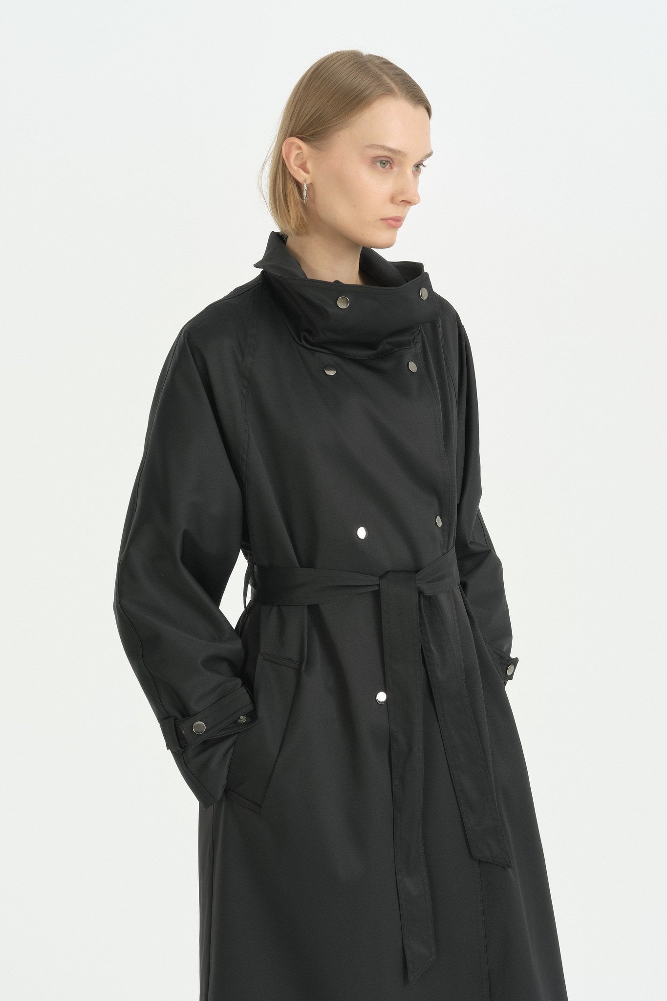 Dik Yaka Oversize Trençkot - Siyah
