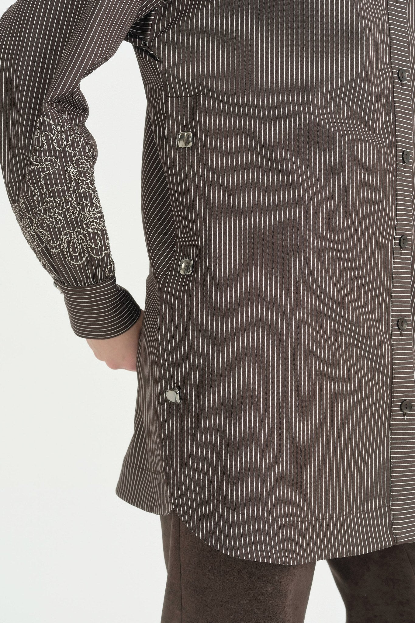 Kolları Nakışlı Çizgili Tunik - Kahve