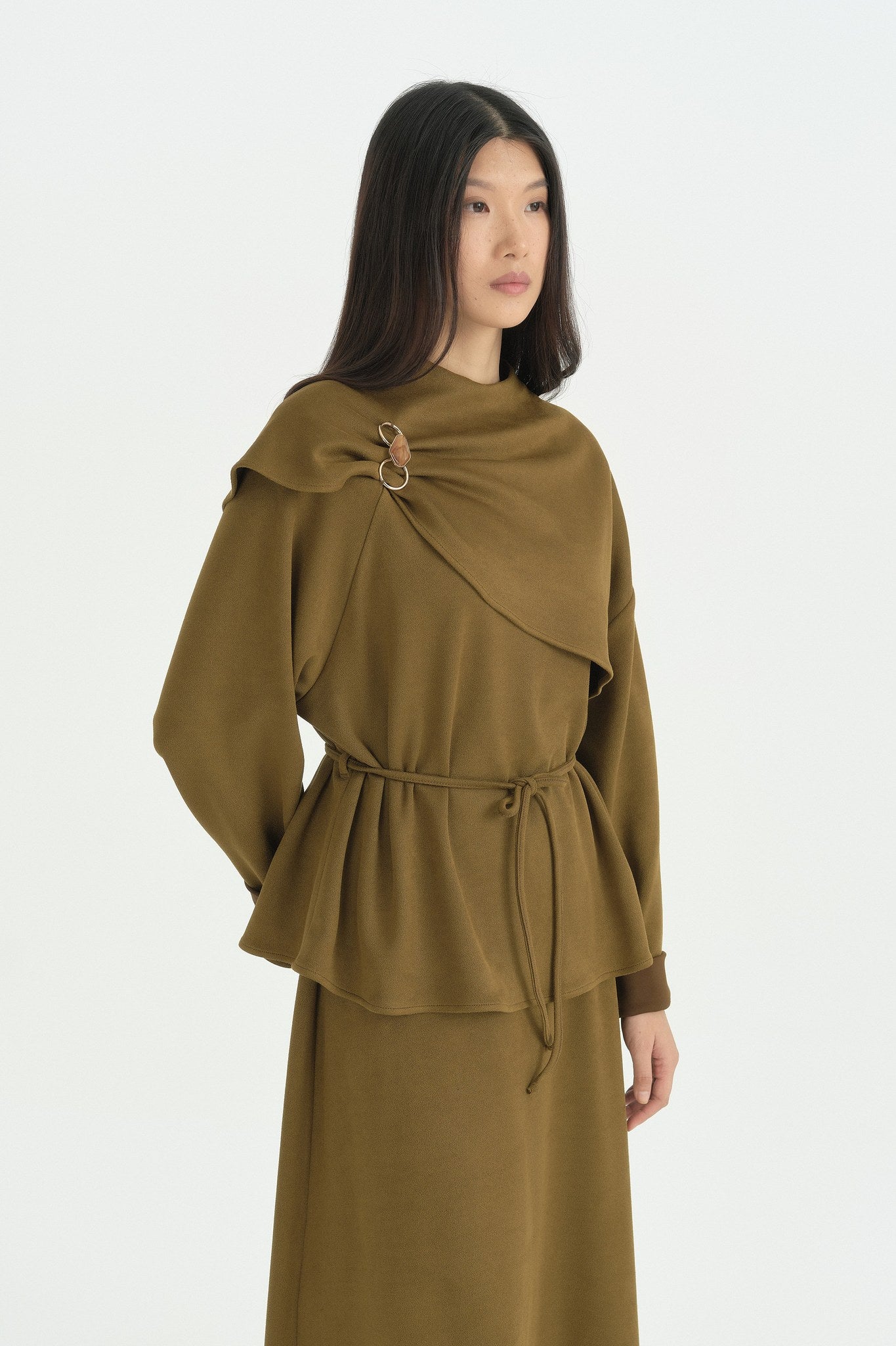 Pelerinli Süet Etekli Takım - Olive