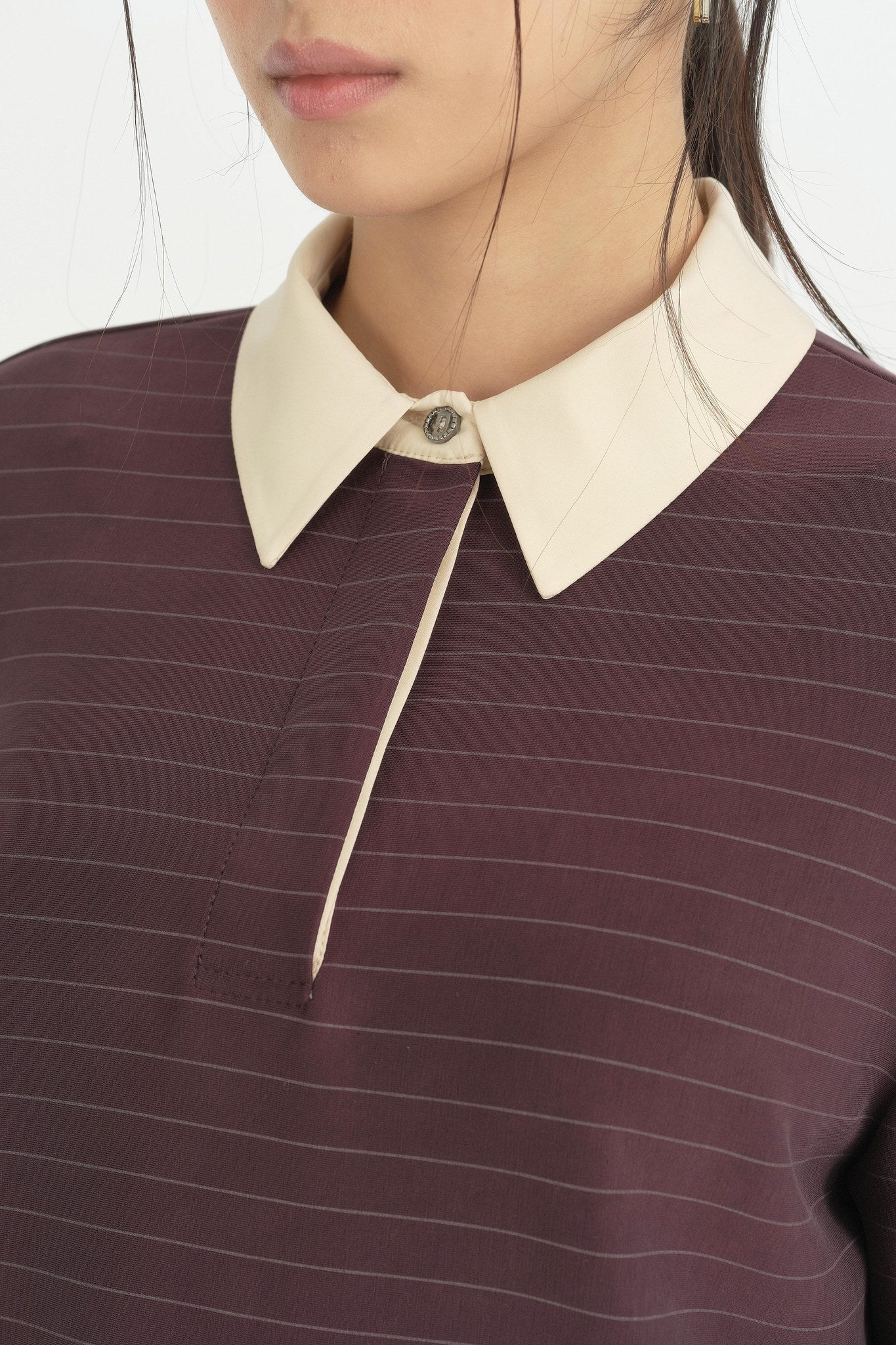 Coton Mixli Çizgili Örme Yakalı Tunik - Mürdüm