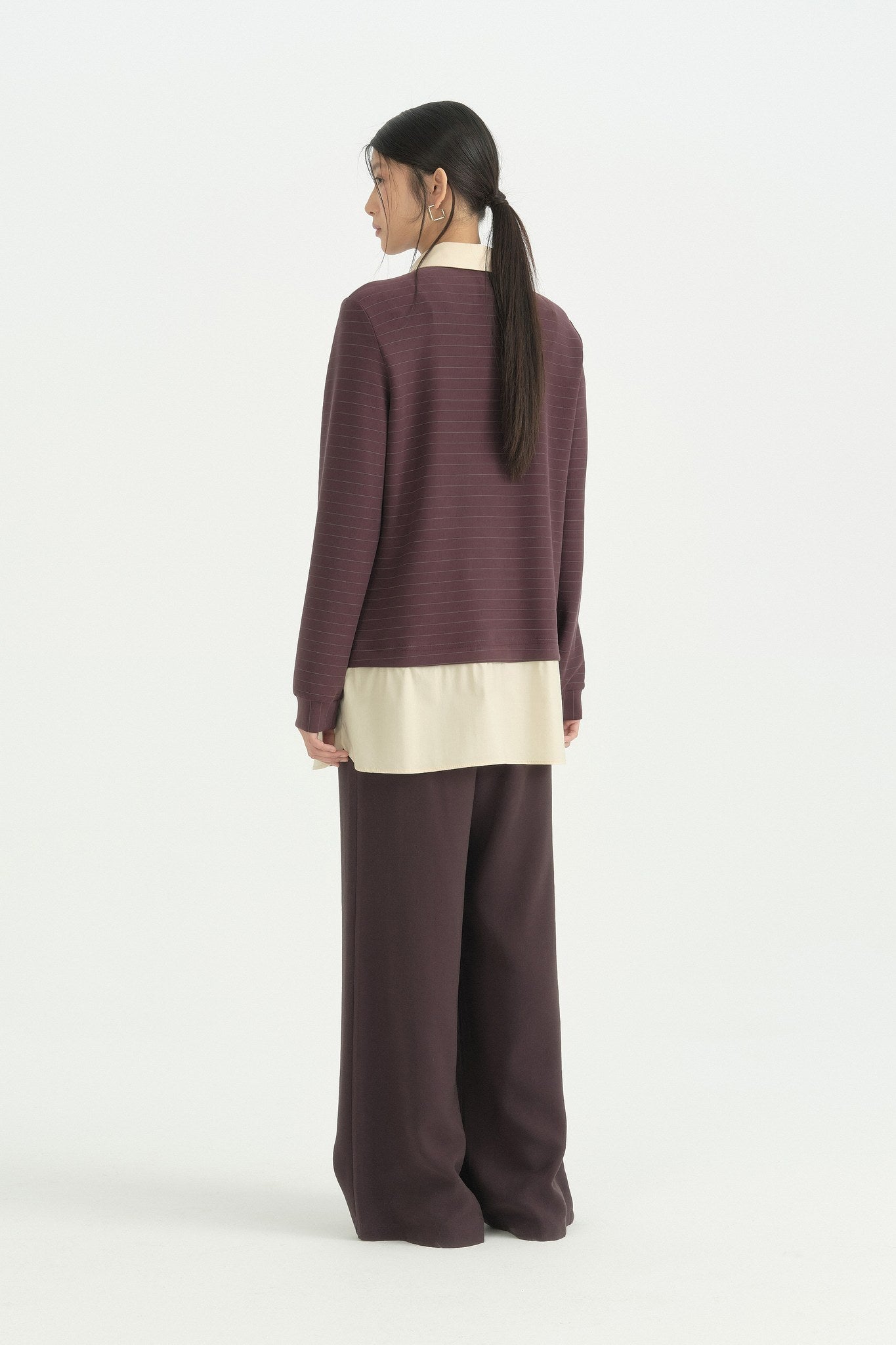 Coton Mixli Çizgili Örme Yakalı Tunik - Mürdüm