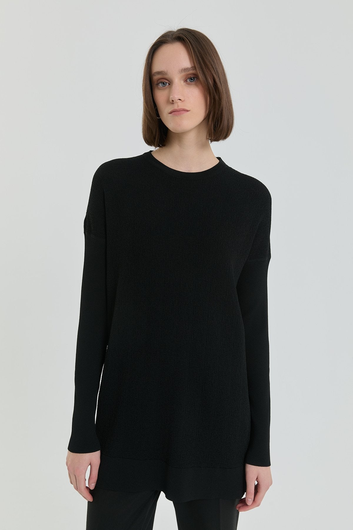 Ağaç Kabuğu Rayon Triko Tunik - Siyah
