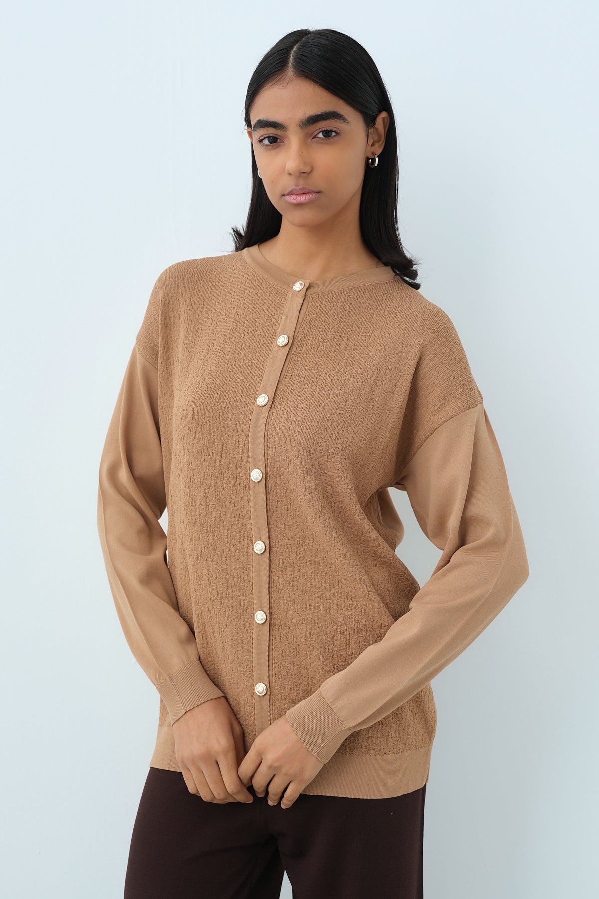 Ağaç Kabuğu Triko Blazer Hırka - Camel