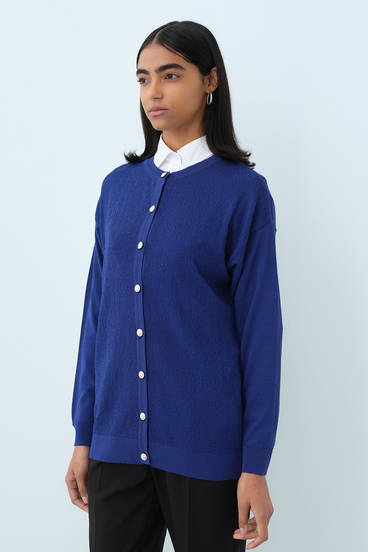 Ağaç Kabuğu Triko Blazer Hırka - Saks