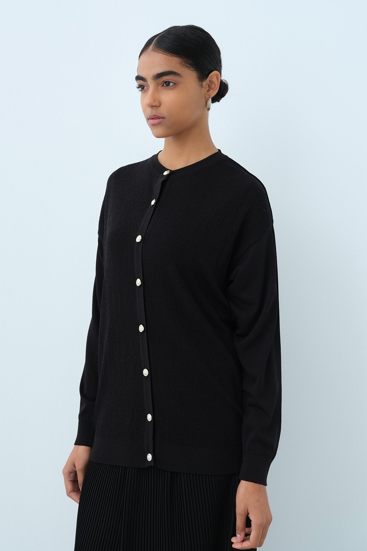 Ağaç Kabuğu Triko Blazer Hırka - Siyah