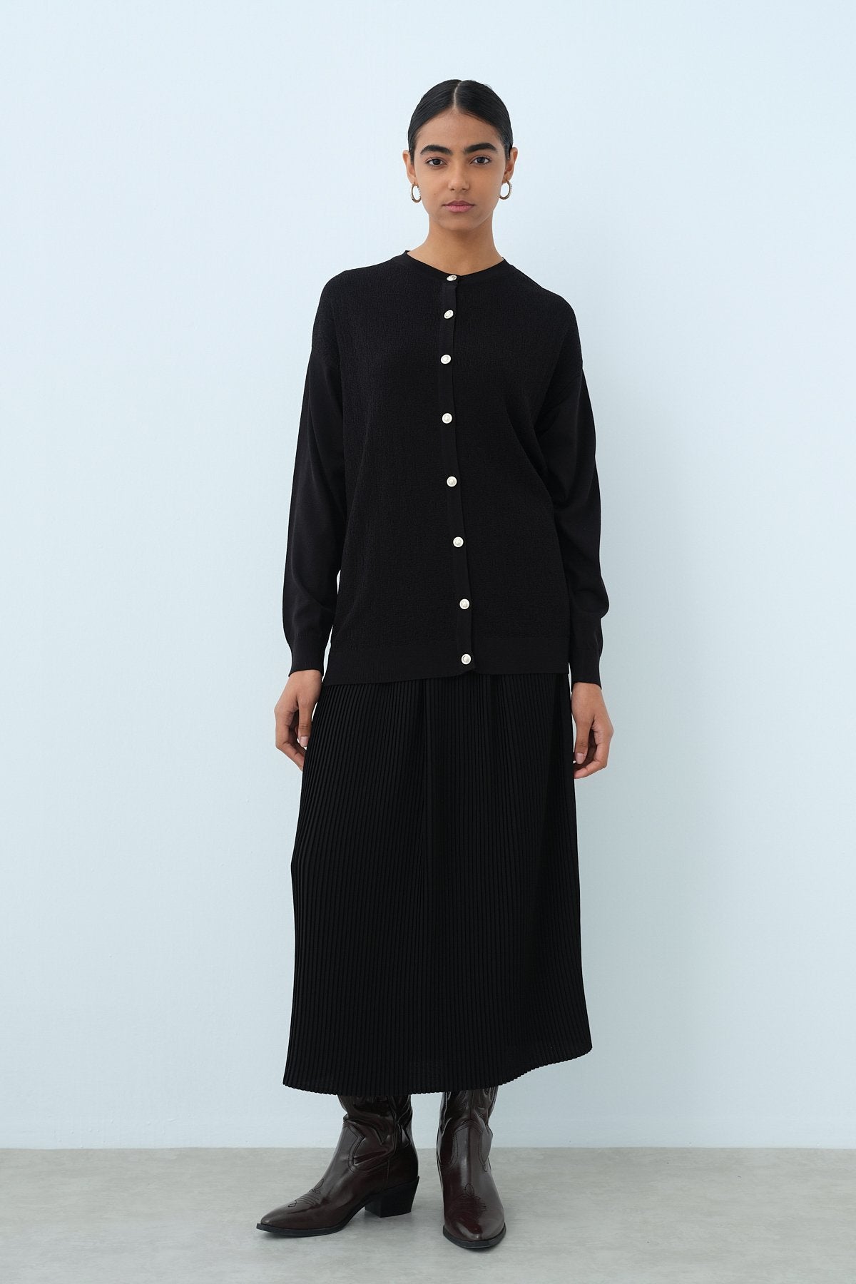Ağaç Kabuğu Triko Blazer Hırka - Siyah