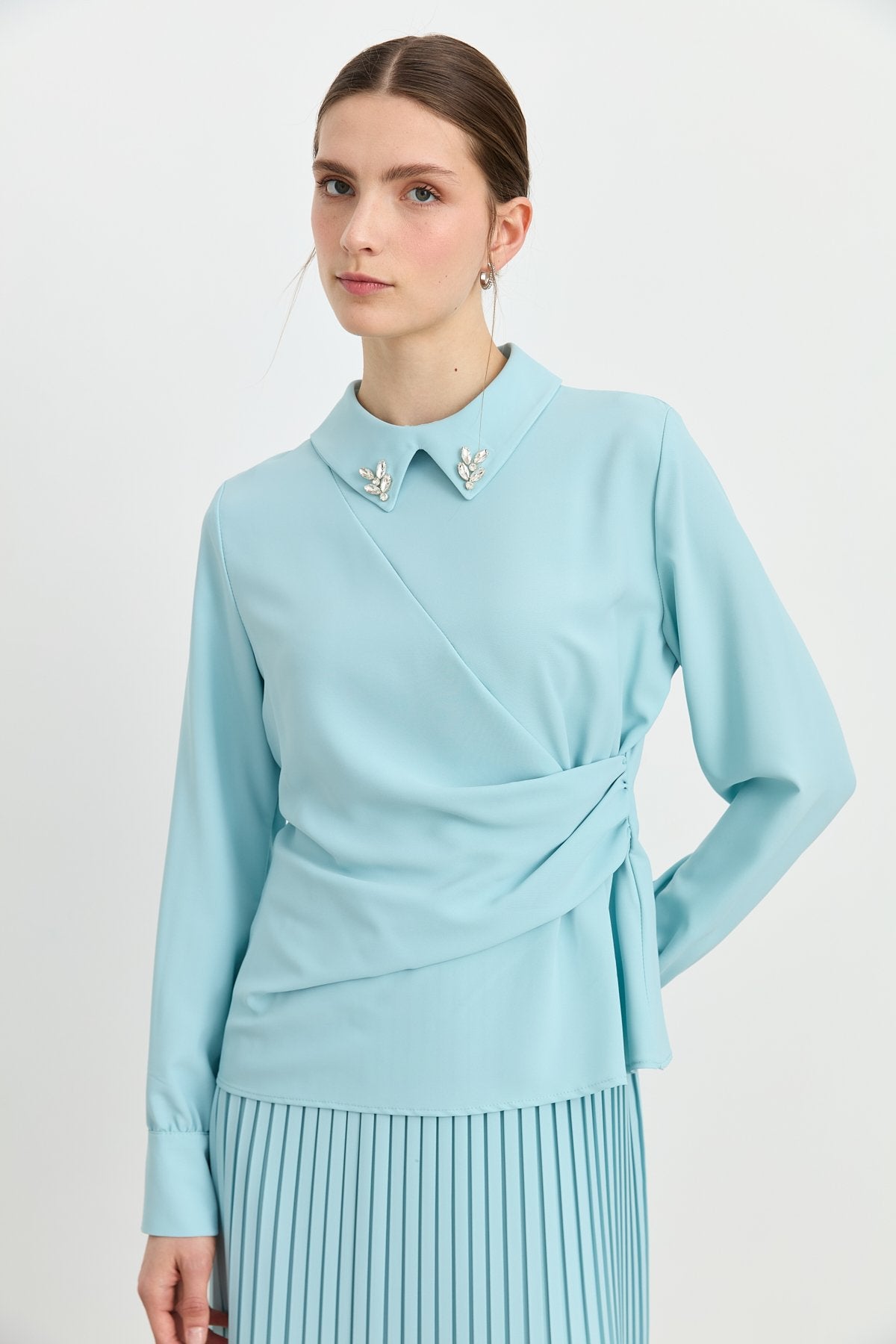Accessory Detail Skirt and Blouse Set - Aqua