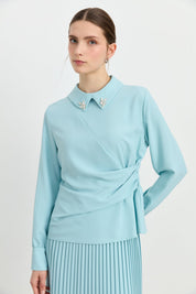 Accessory Detail Skirt and Blouse Set - Aqua