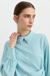 Accessory Detail Skirt and Blouse Set - Aqua