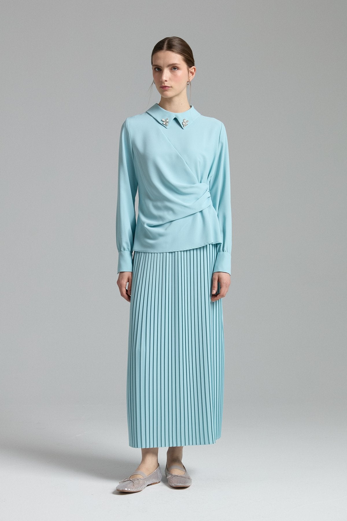Accessory Detail Skirt and Blouse Set - Aqua