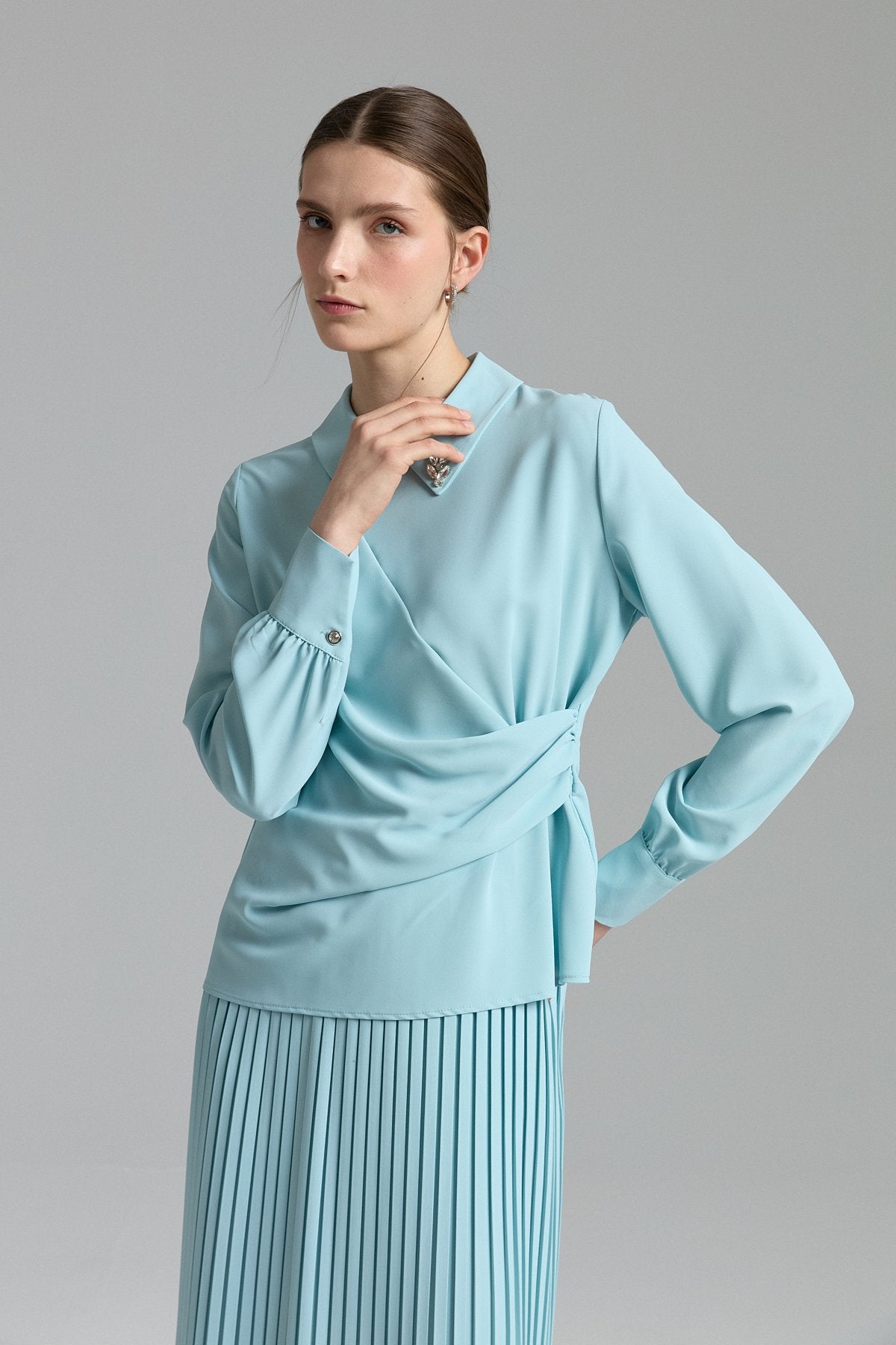 Accessory Detail Skirt and Blouse Set - Aqua