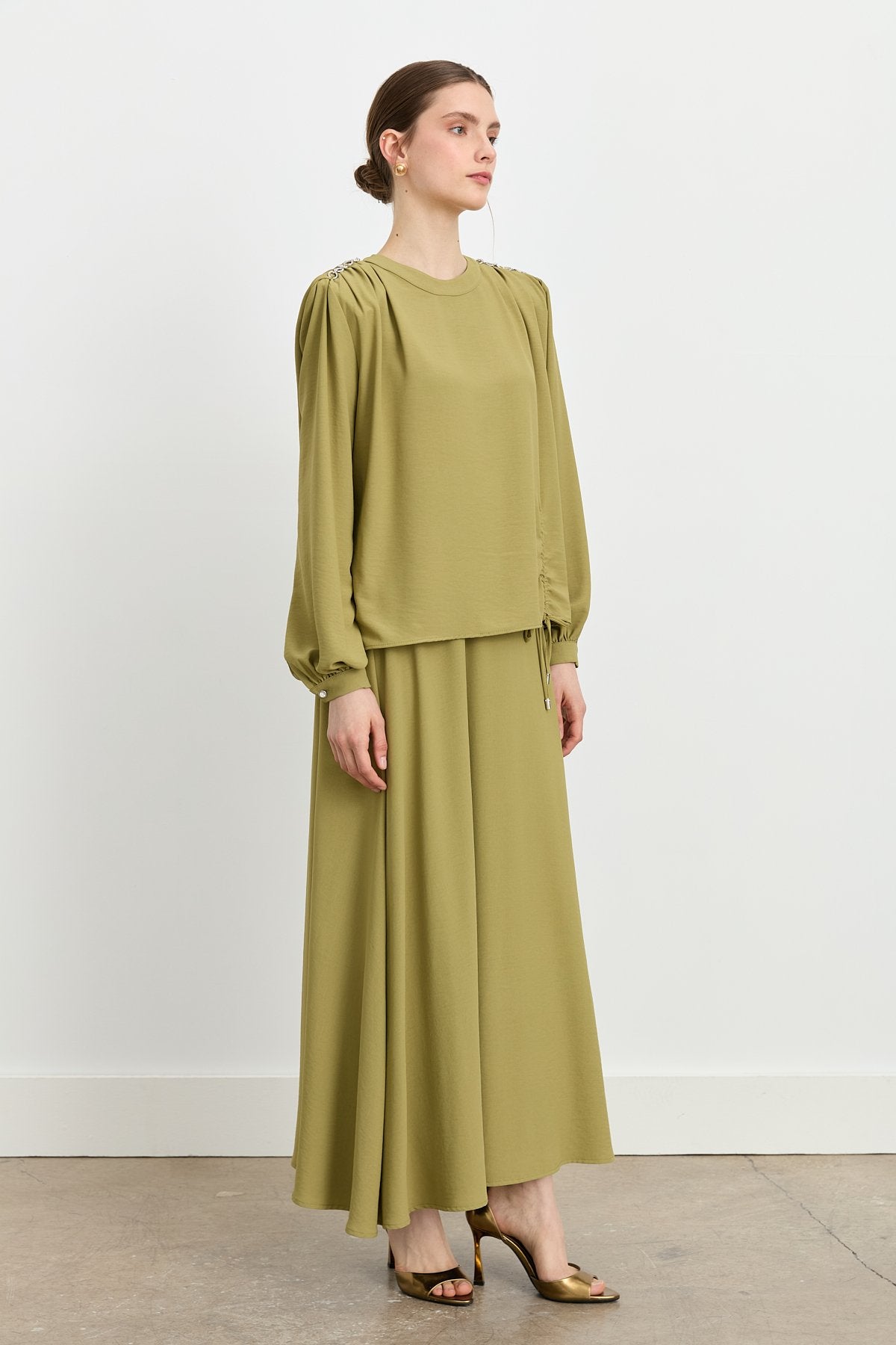 Accessory Detail Skirt and Blouse Set - Olive