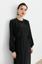 Accessory Detail Skirt and Blouse Set - Black