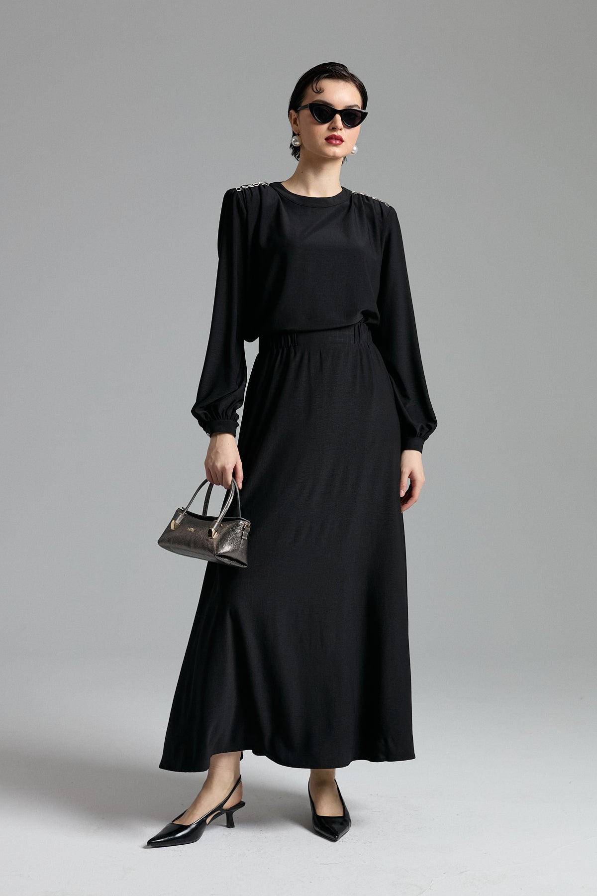 Accessory Detail Skirt and Blouse Set - Black