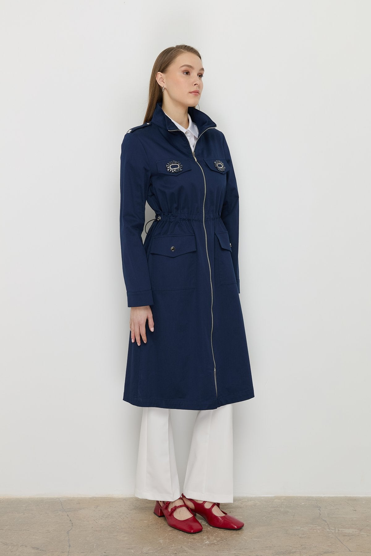 Accessory Detail Coat - Navy Blue