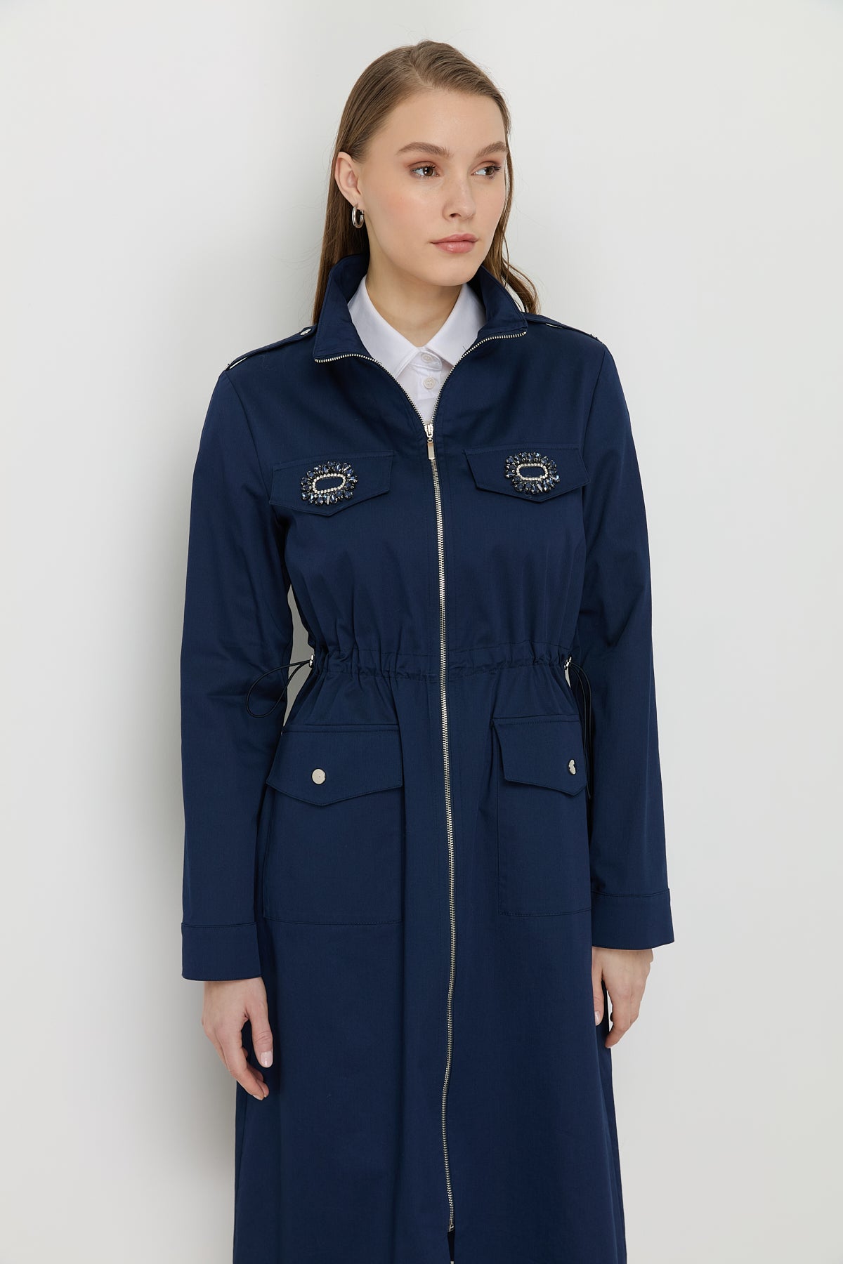 Accessory Detail Coat - Navy Blue