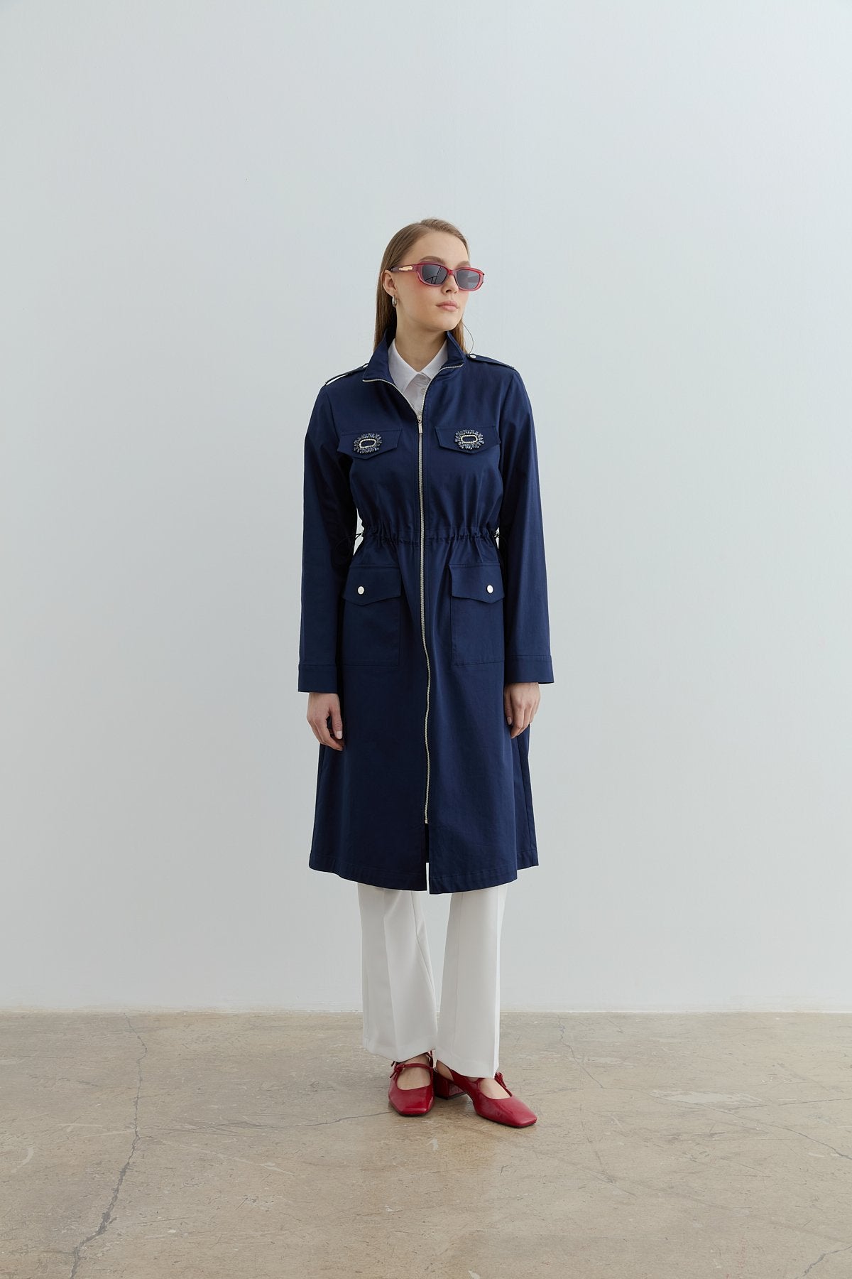 Accessory Detail Coat - Navy Blue