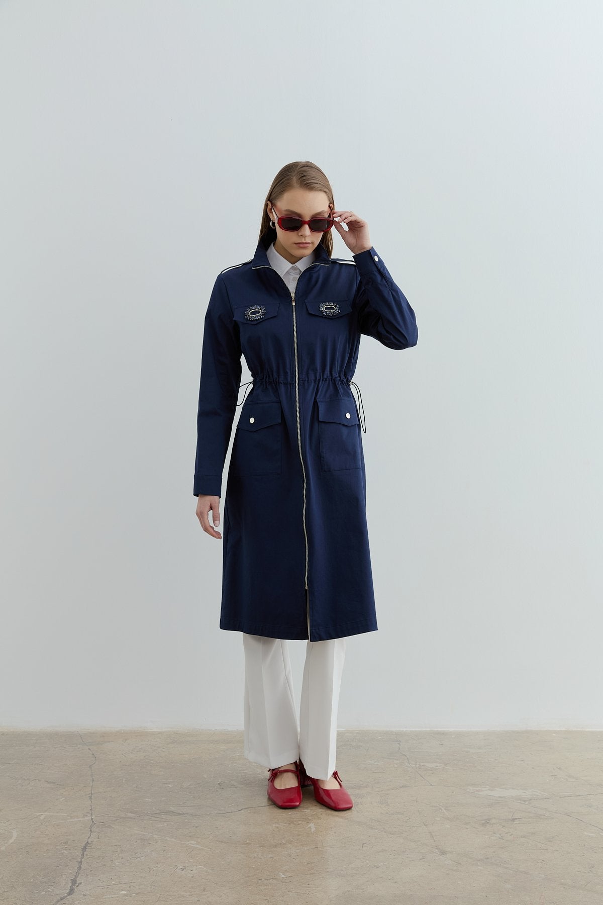 Accessory Detail Coat - Navy Blue
