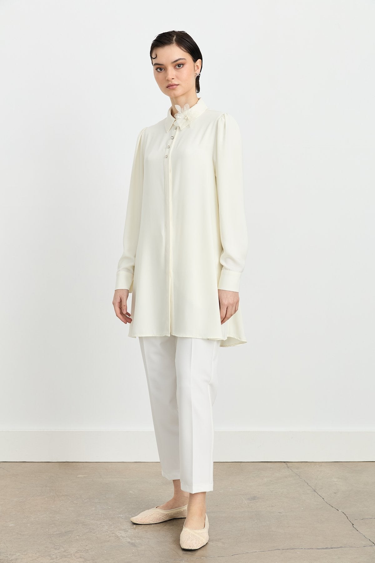 Stylish Tunic with Accessory Detail - Ecru