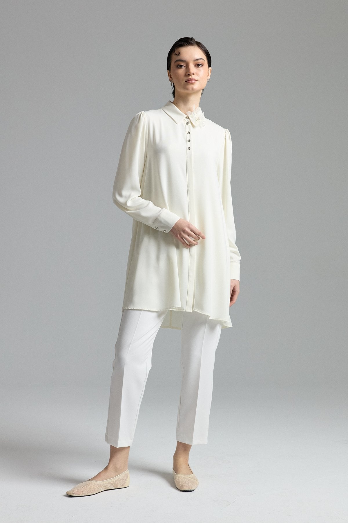 Stylish Tunic with Accessory Detail - Ecru