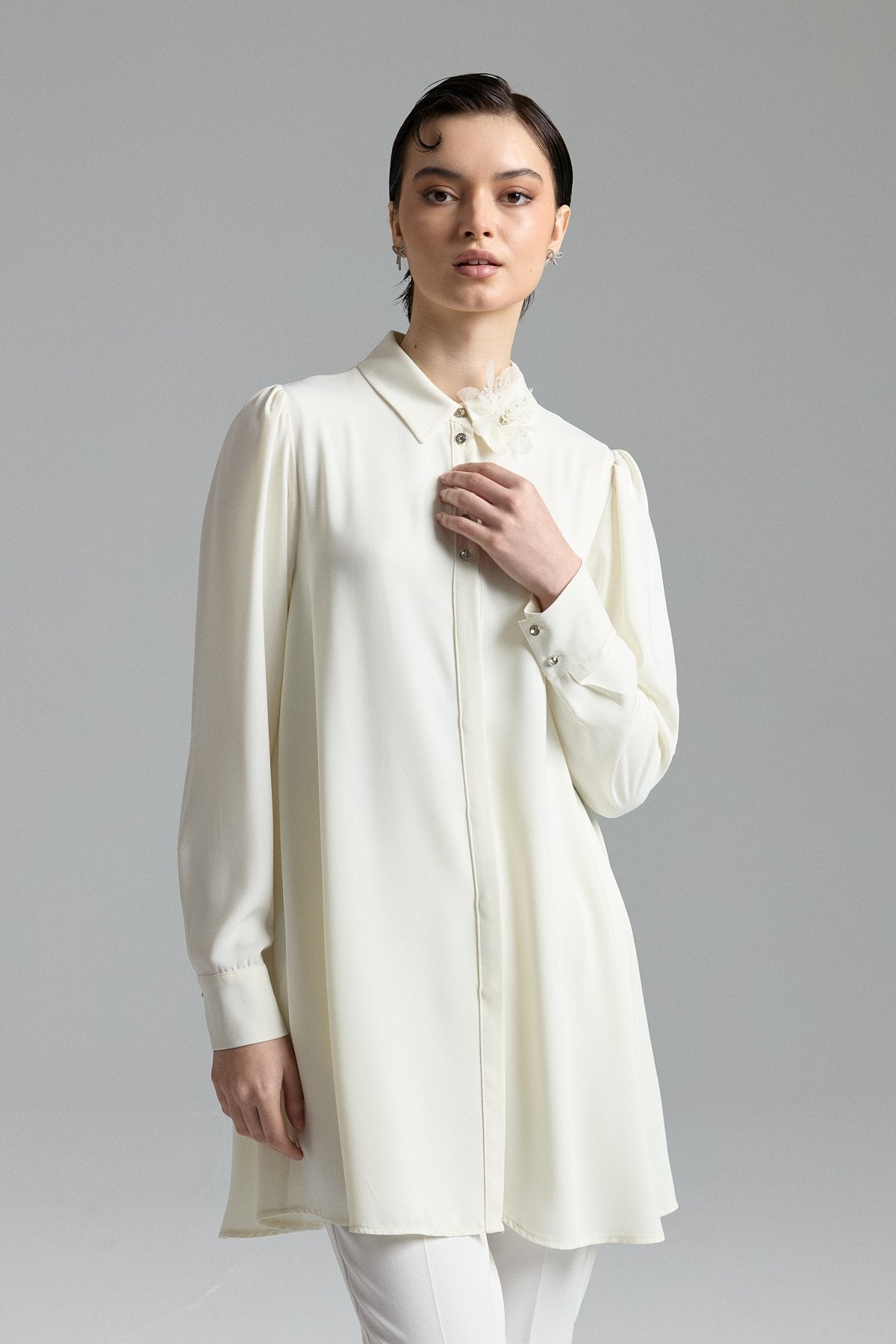 Stylish Tunic with Accessory Detail - Ecru