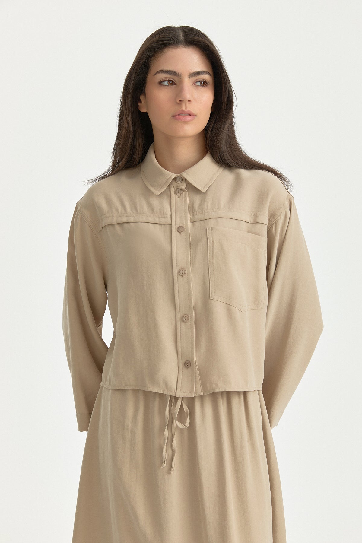 All-Detailed Modal Skirt Shirt Set - Beige