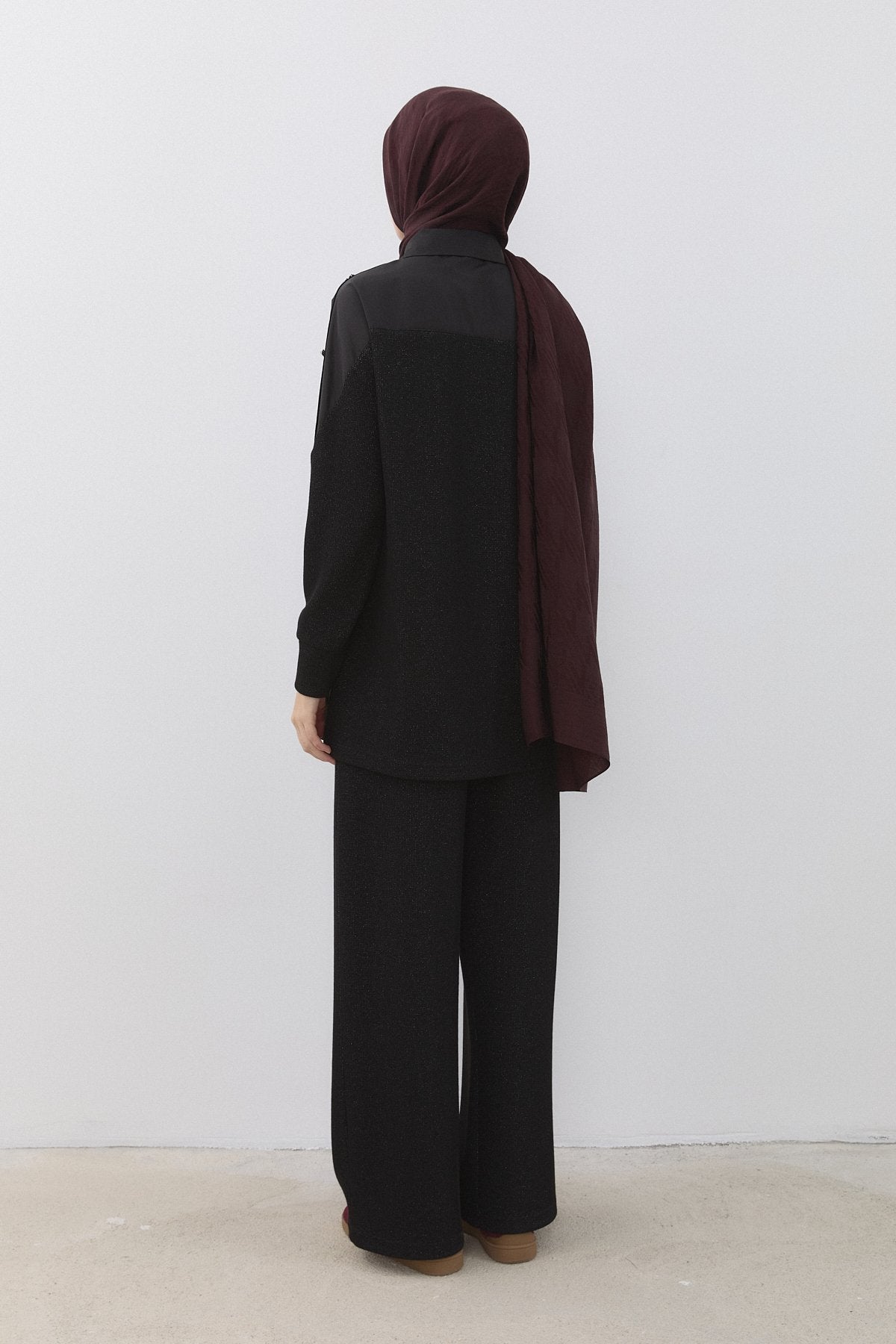 Aller Detailed Glitter Knitted Pants and Tunic Set - Black